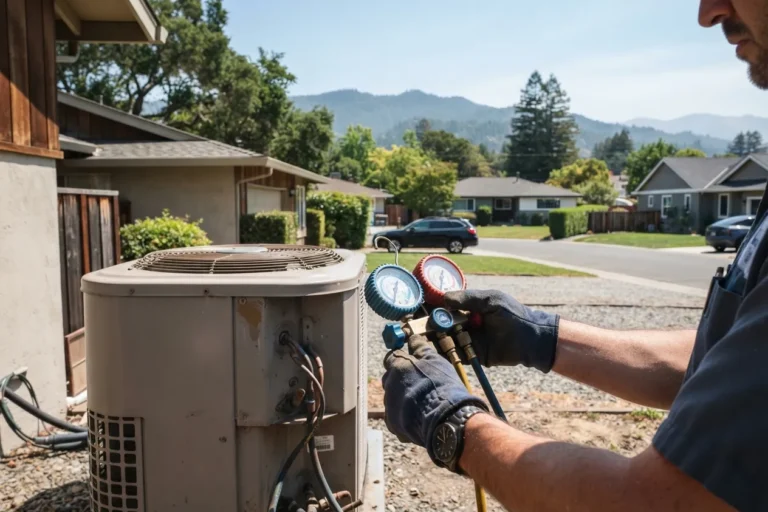 Technician checking refrigerant pressure on an outdoor AC unit