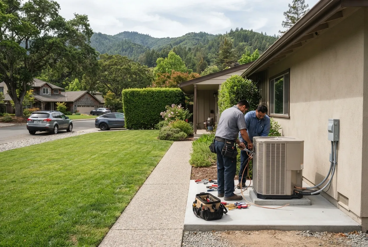 Technicians installing a new outdoor air conditioning unit beside a home